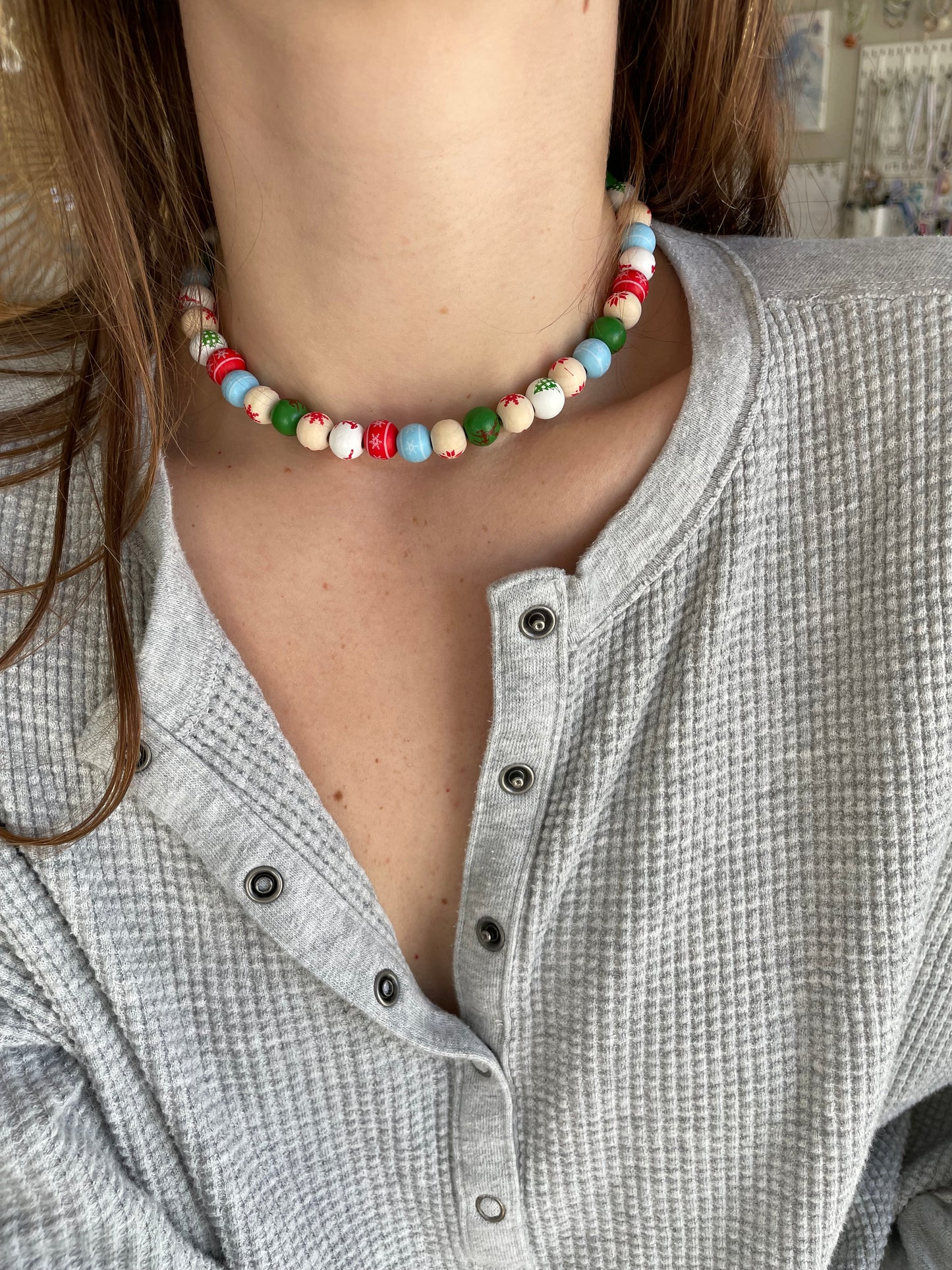 Wooden holiday beaded necklace