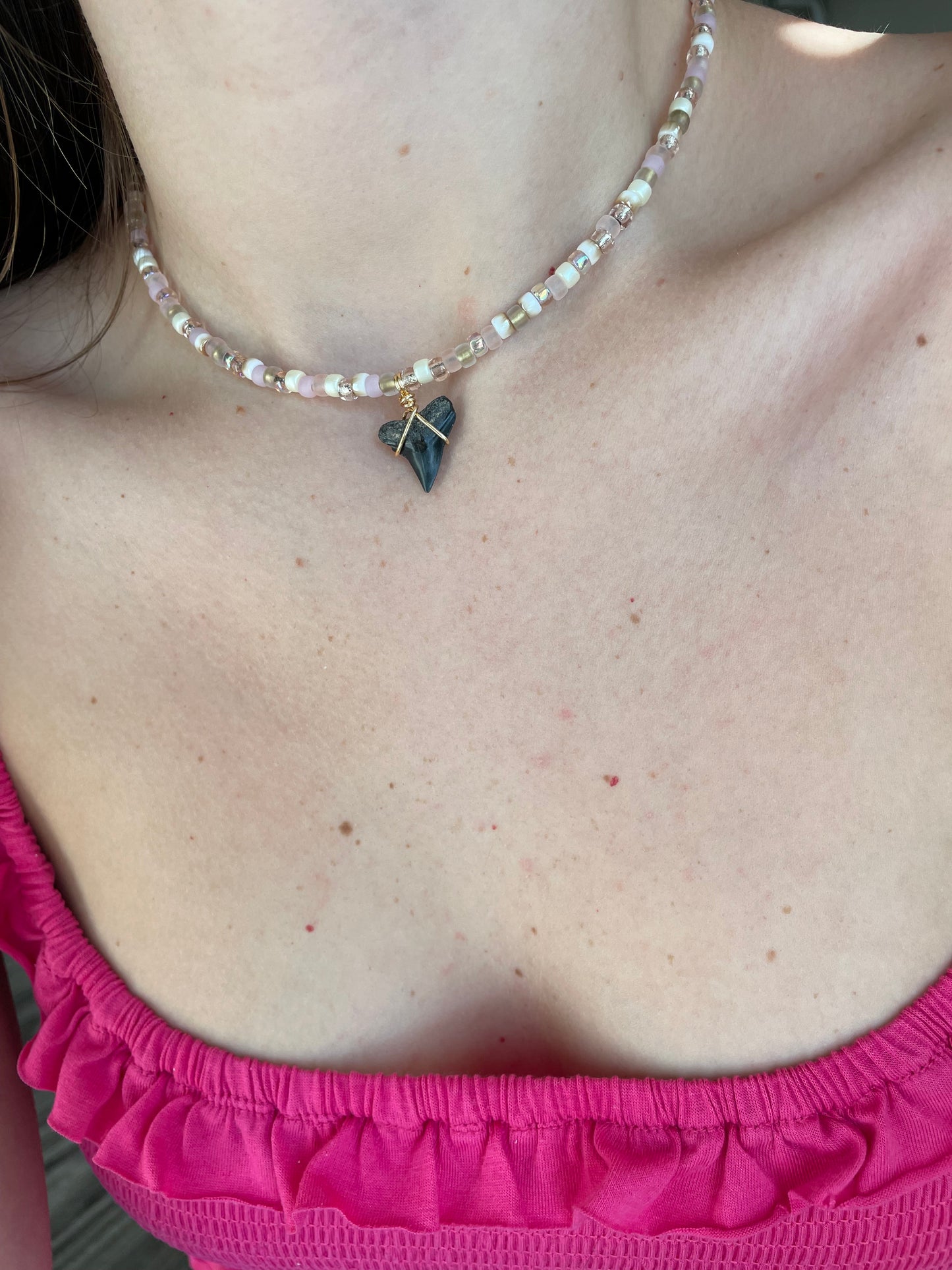 Pink shark tooth choker